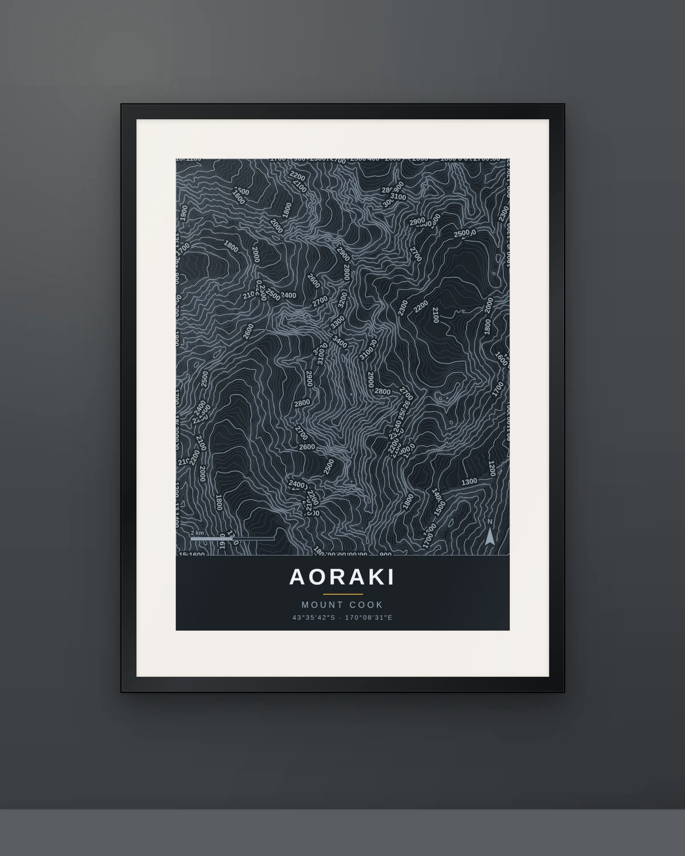 Aoraki charcoal print framed on a wall