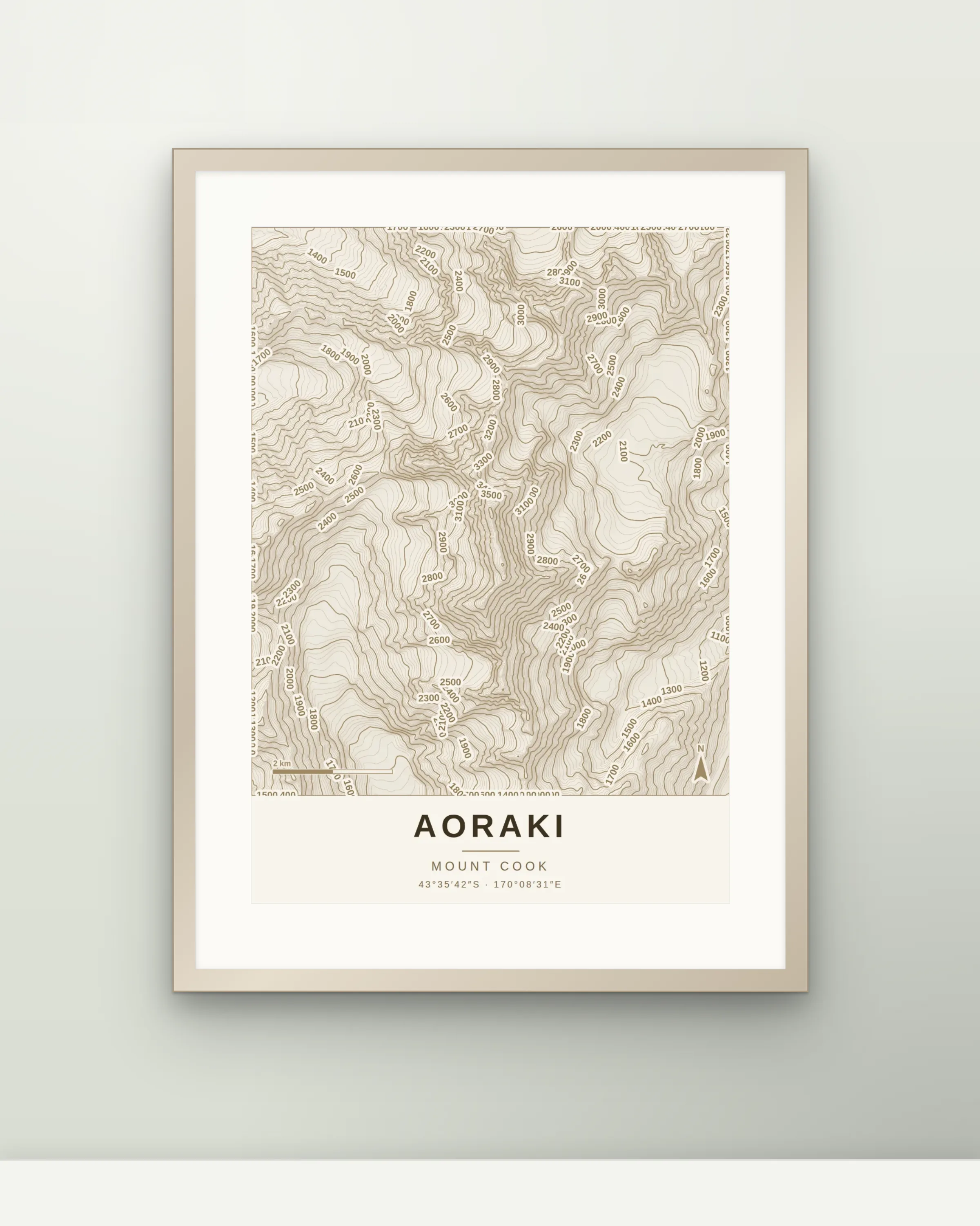 Aoraki cream print framed on a wall