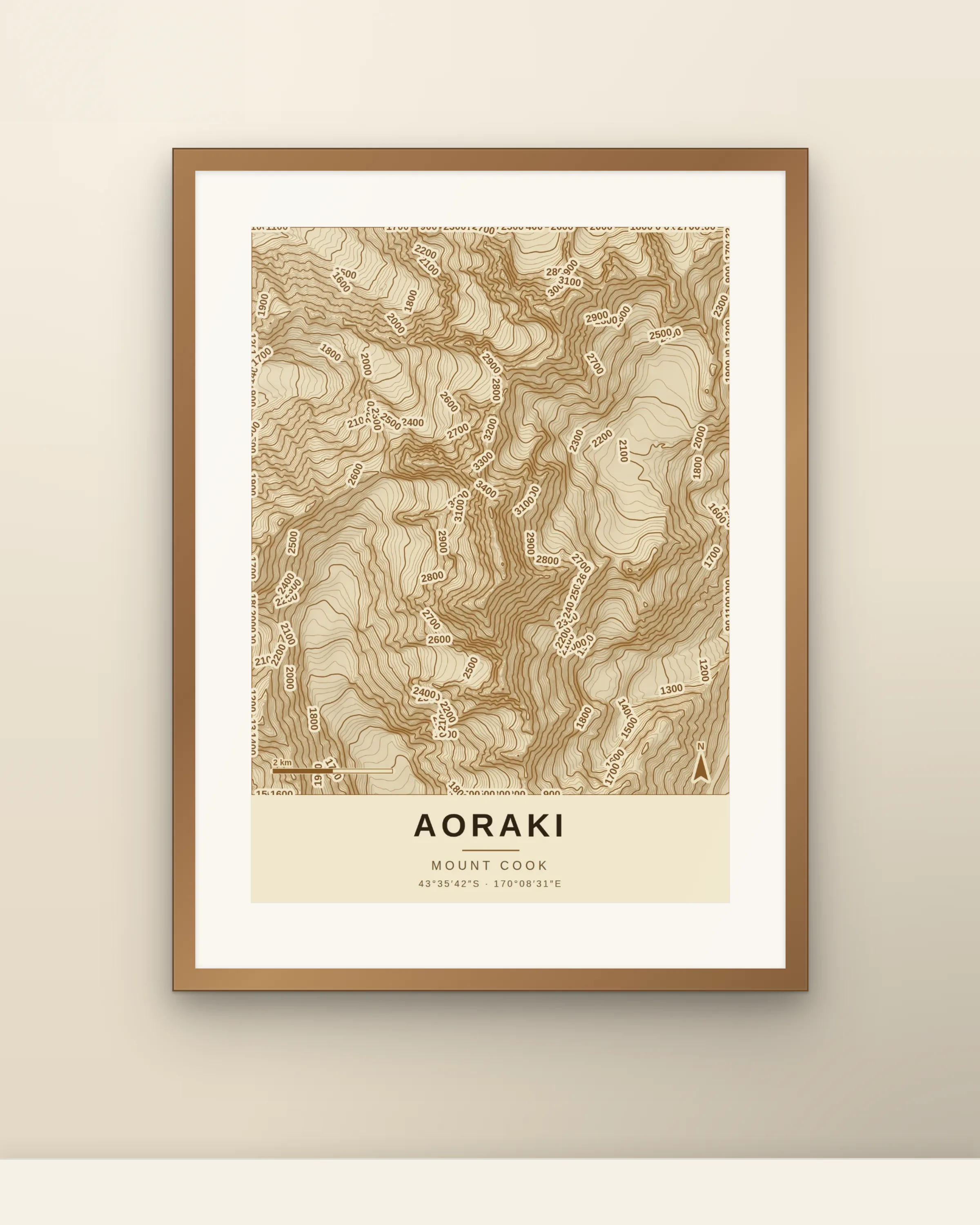 Aoraki vintage print framed on a wall