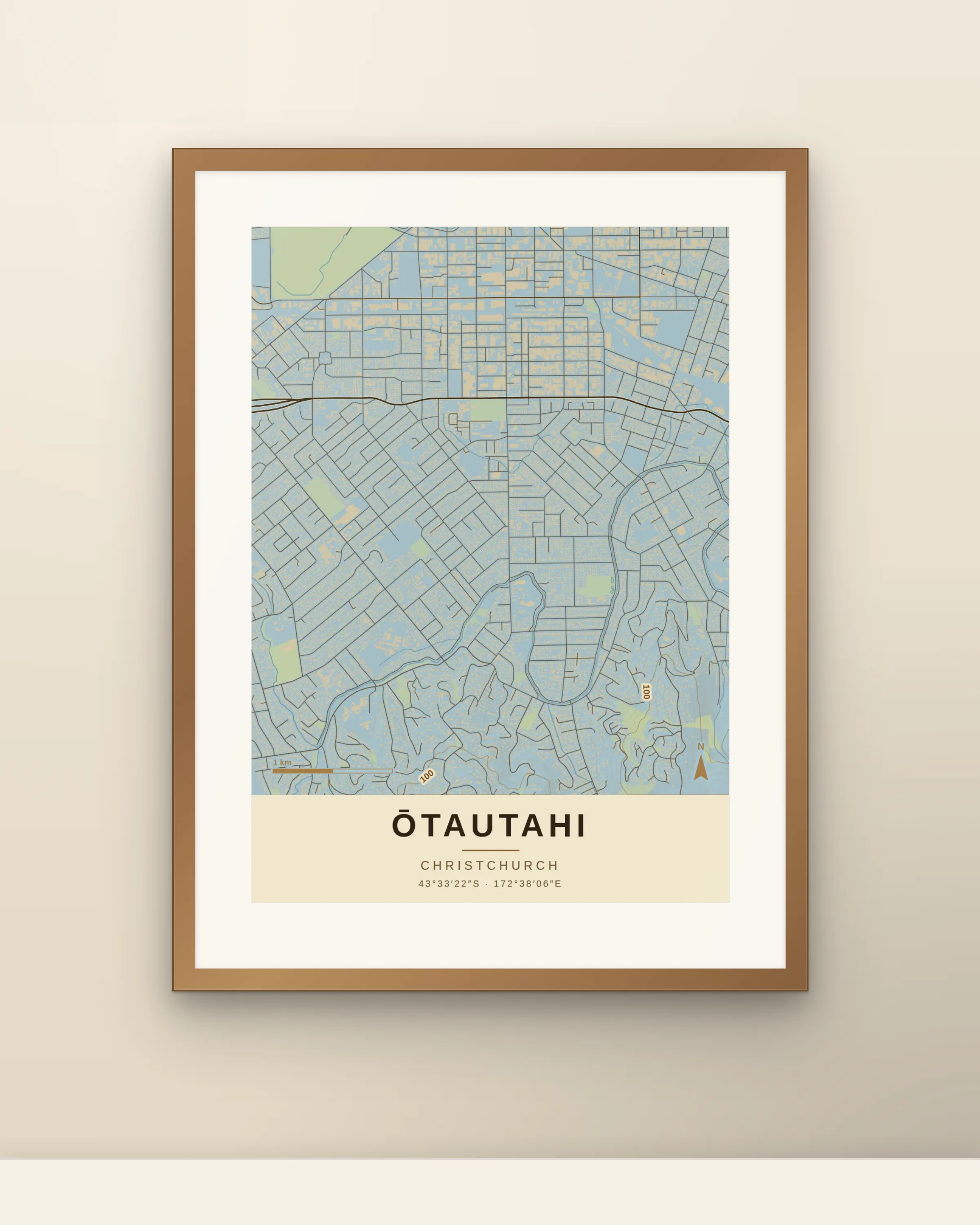 Framed Contour print of Ōtautahi on a wall