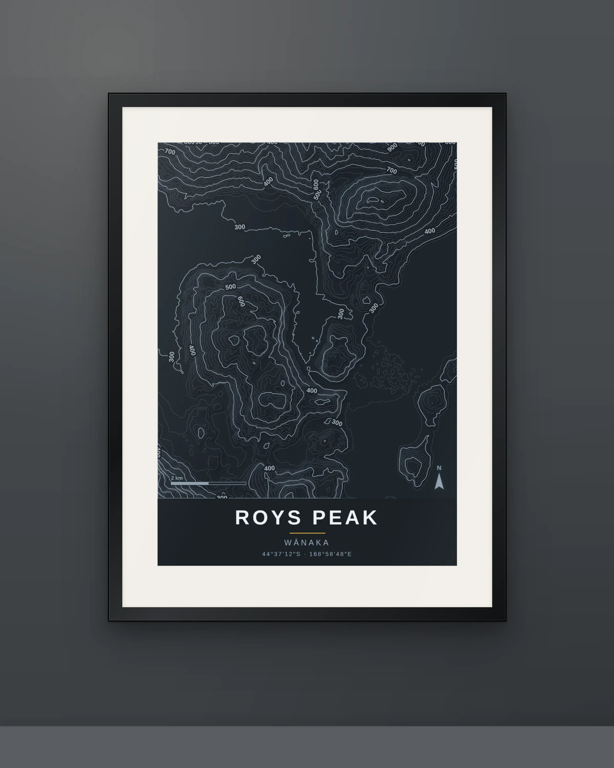 Framed Contour print of Roys Peak on a wall