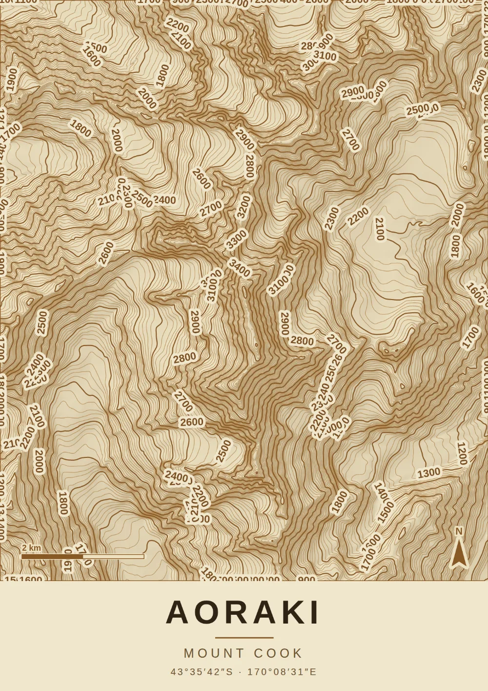 Topographic map print of Aoraki, Mount Cook