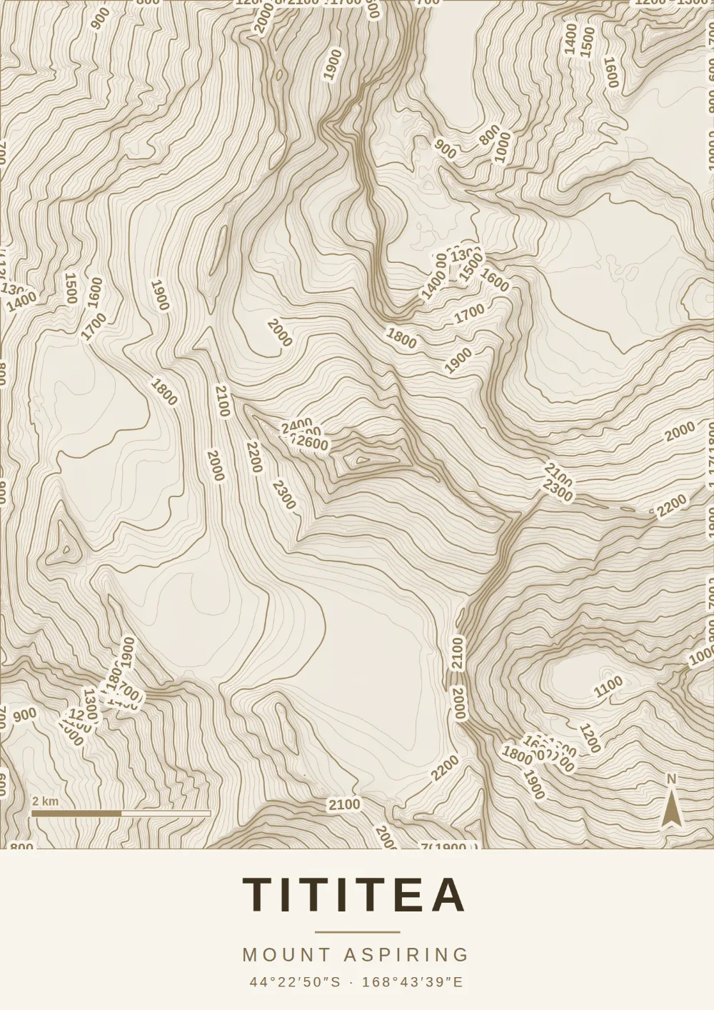 Topographic map print of TITITEA, MOUNT ASPIRING
