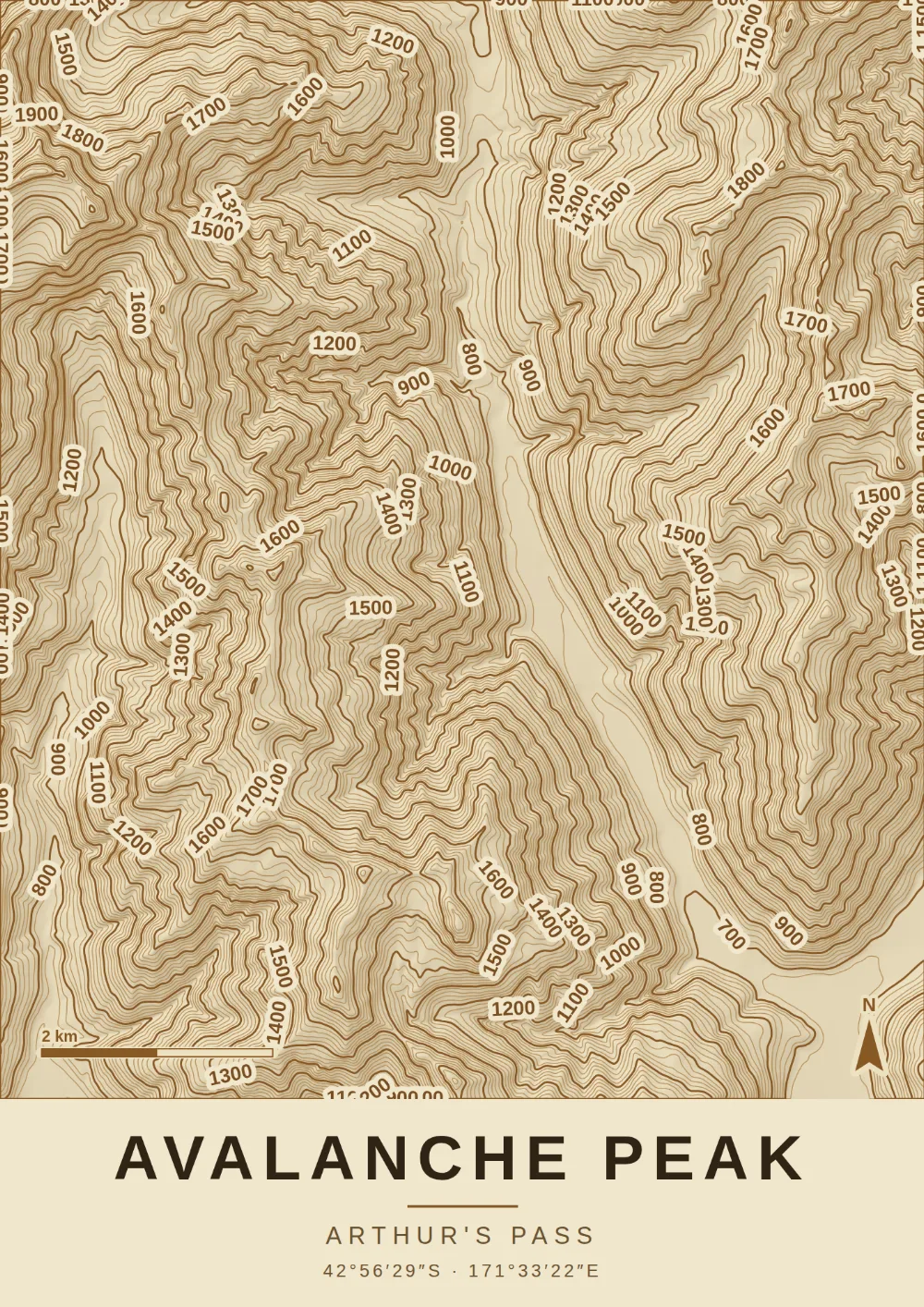 Topographic map print of AVALANCHE PEAK, ARTHUR'S PASS