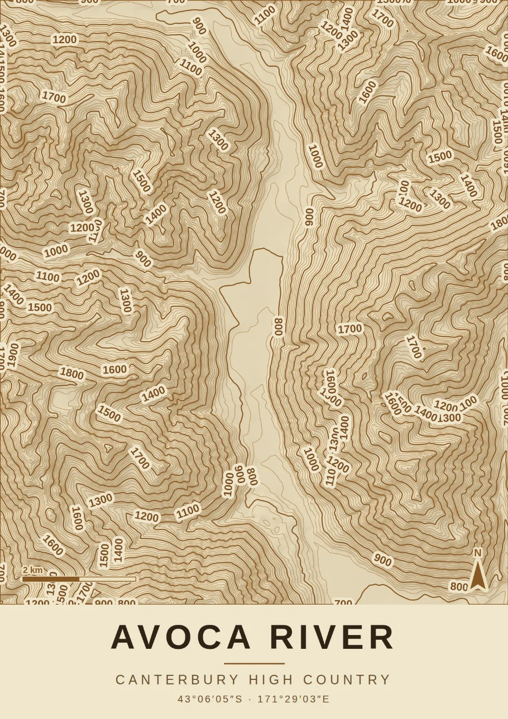 Topographic contour print of Avoca Valley, Canterbury, rendered from real LINZ terrain by Contour.