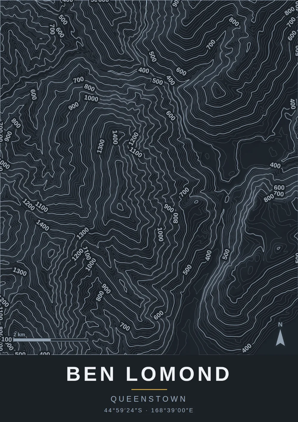Topographic map print of BEN LOMOND, QUEENSTOWN
