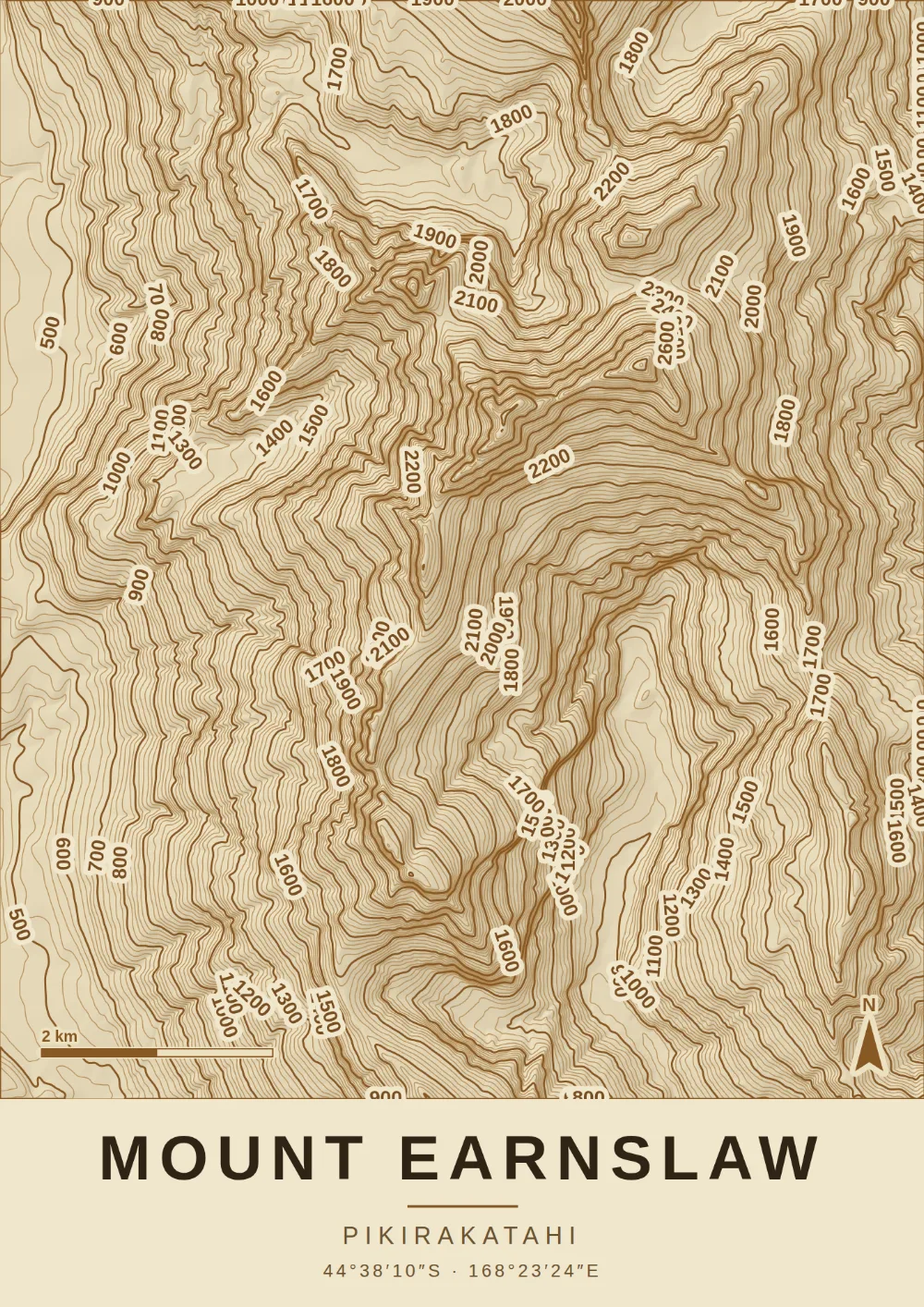 Topographic map print of MOUNT EARNSLAW, PIKIRAKATAHI