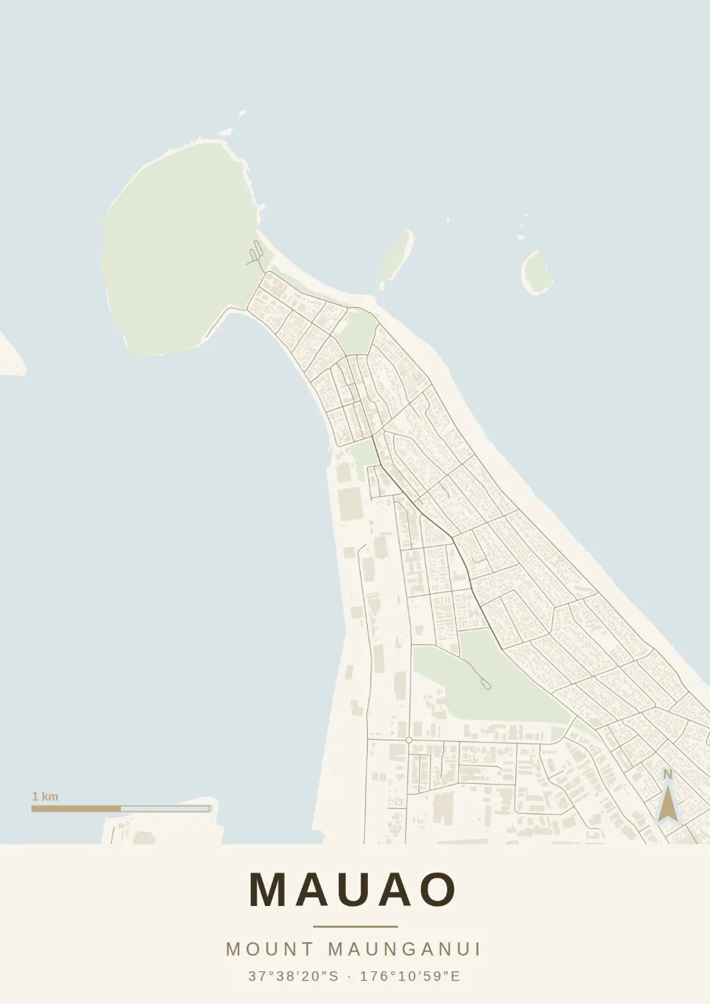 Topographic map print of MAUAO, MOUNT MAUNGANUI