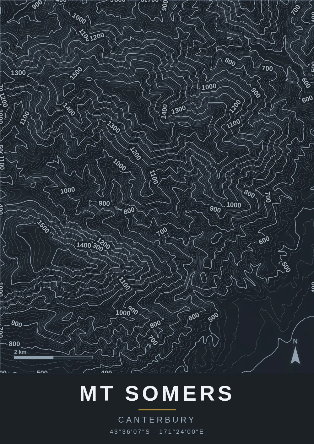 Topographic map print of Mt Somers, Canterbury