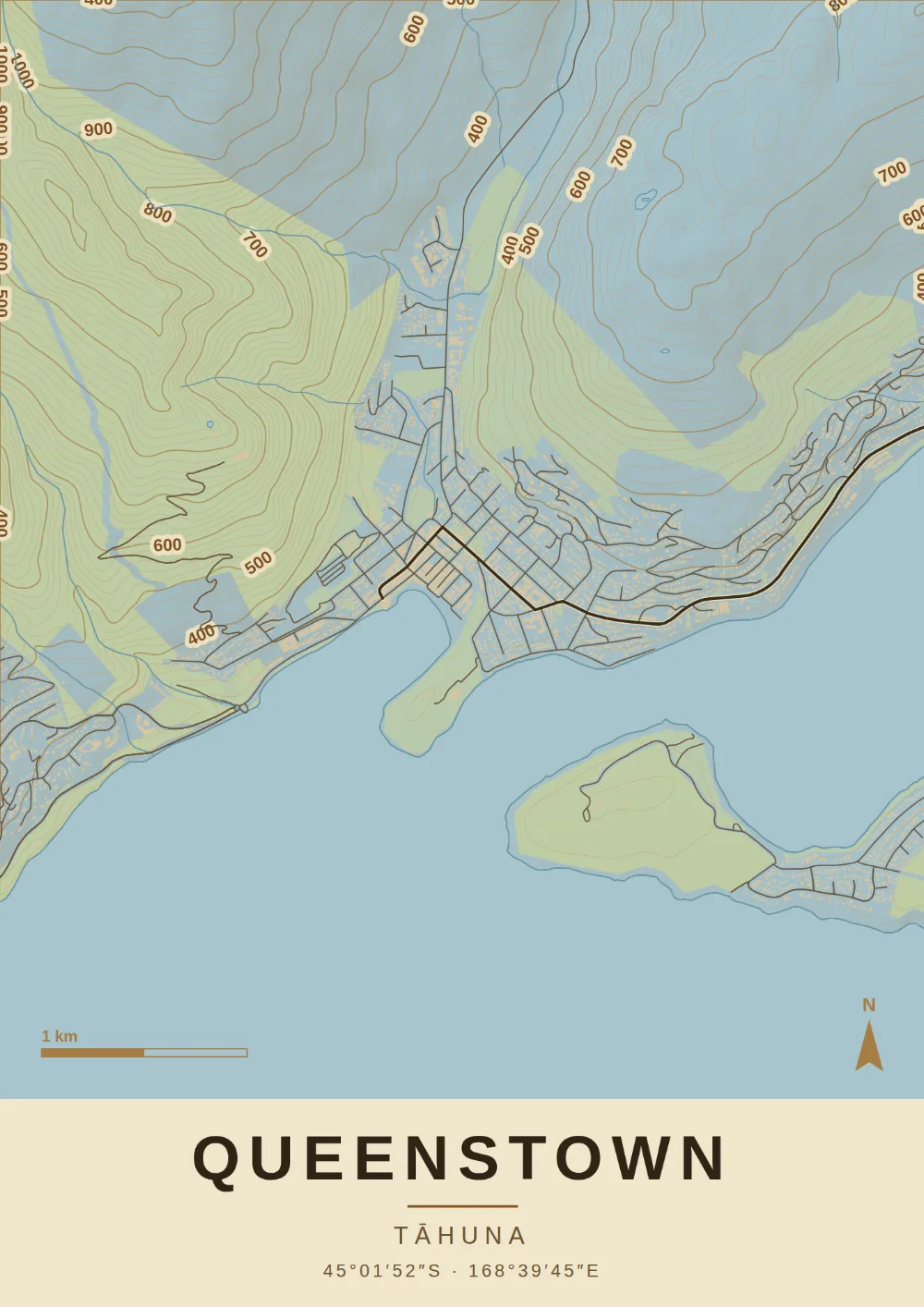 Topographic map print of QUEENSTOWN, TĀHUNA