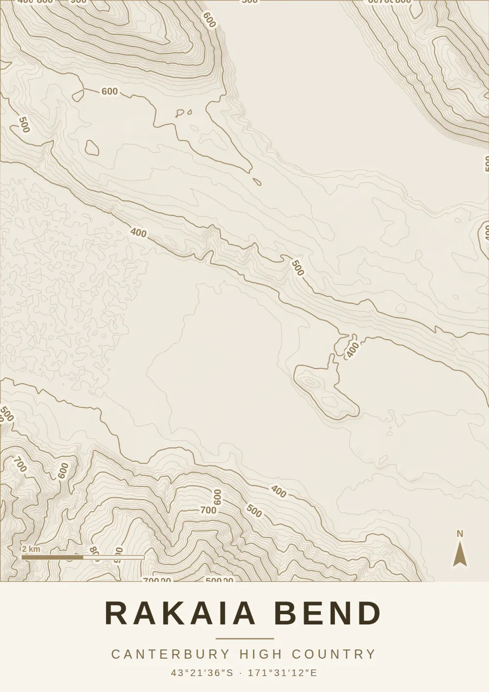 Topographic map print of Rakaia Bend, Canterbury High Country
