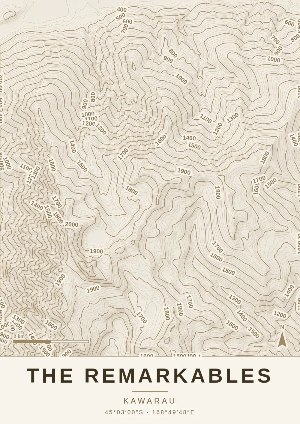 Topographic map print of THE REMARKABLES, KAWARAU