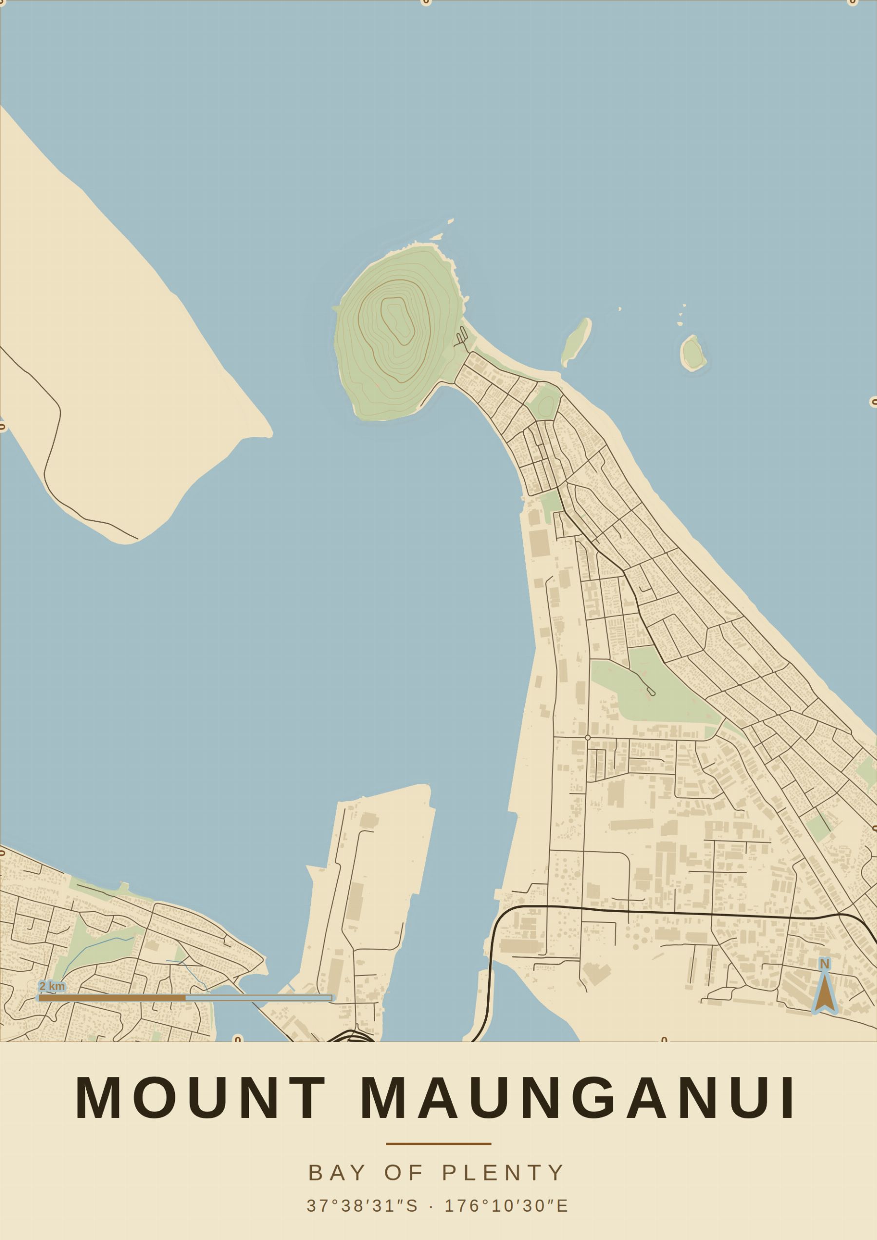 Topographic map print of Mount Maunganui